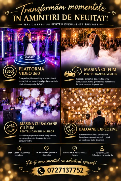 OFERIM CU SERIOZITATE URMĂTOARELE SERVICII: VIDEOBOOTH360 FUM GREU BALAONE EXPLOZIVE BALOANE CU FUM CABINA FOTO