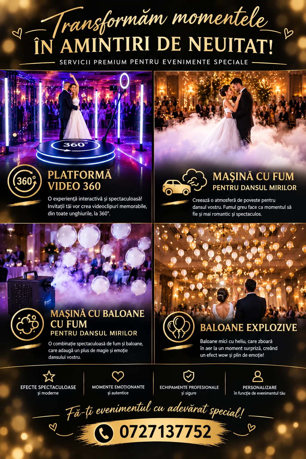 OFERIM CU SERIOZITATE URMĂTOARELE SERVICII: VIDEOBOOTH360 FUM GREU BALAONE EXPLOZIVE BALOANE CU FUM CABINA FOTO